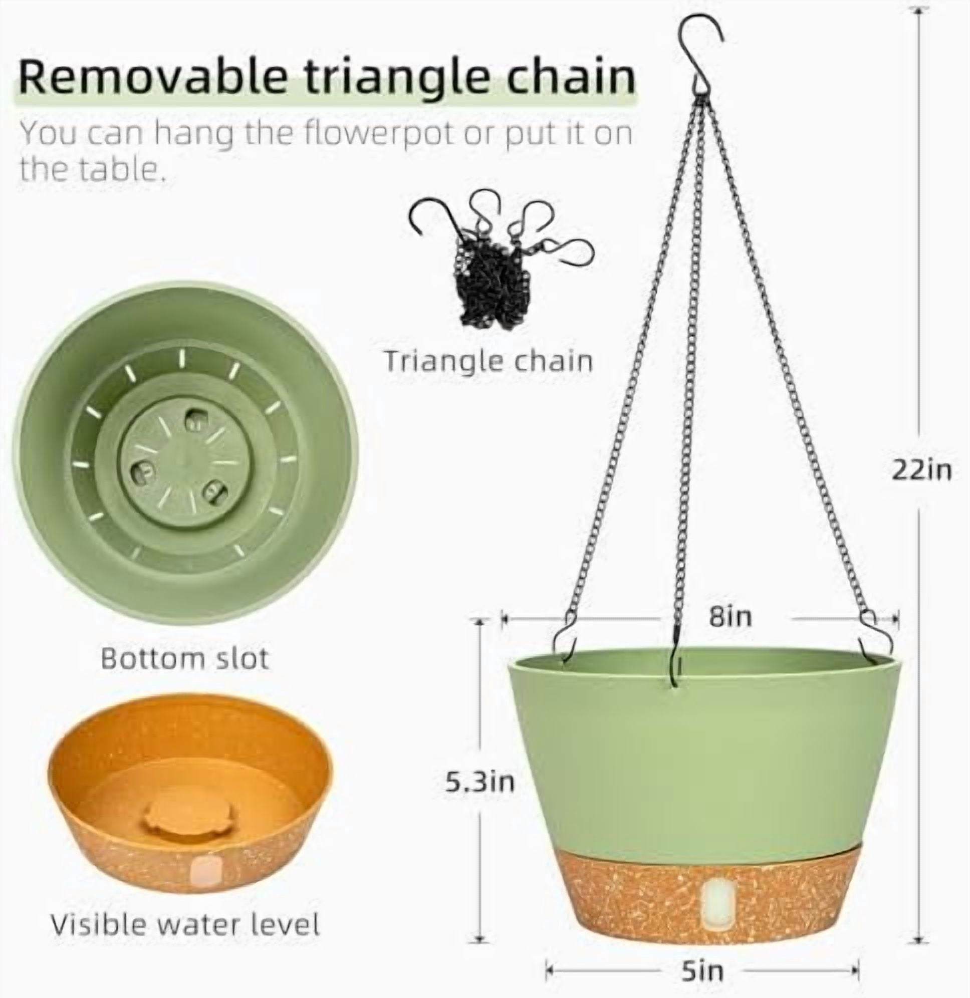 2 Pack Hanging Planters for Indoor Outdoor Plants, 8 Inch Hanging Baskets Flower Pots with Reservoir Tray & Visible Water-Level Green,8 inch