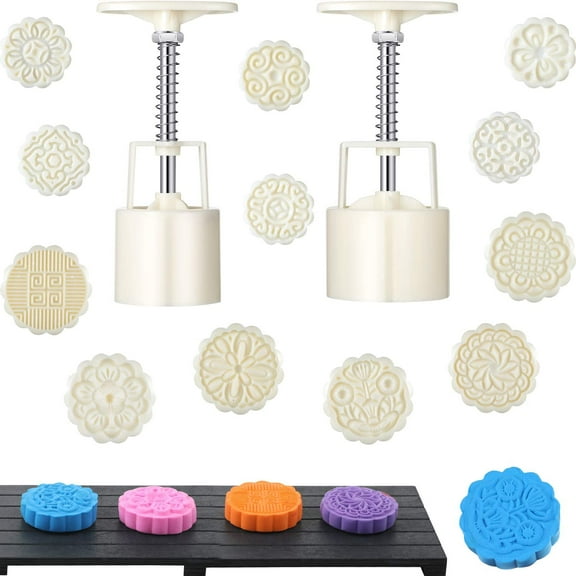 14 Pieces Bath Bomb Mold Kit Moon Cake Mold Press Includes 2 Pcs Shower Steamer Bath Bombs Press with 12 Pieces Stamps for Making DIY Tools