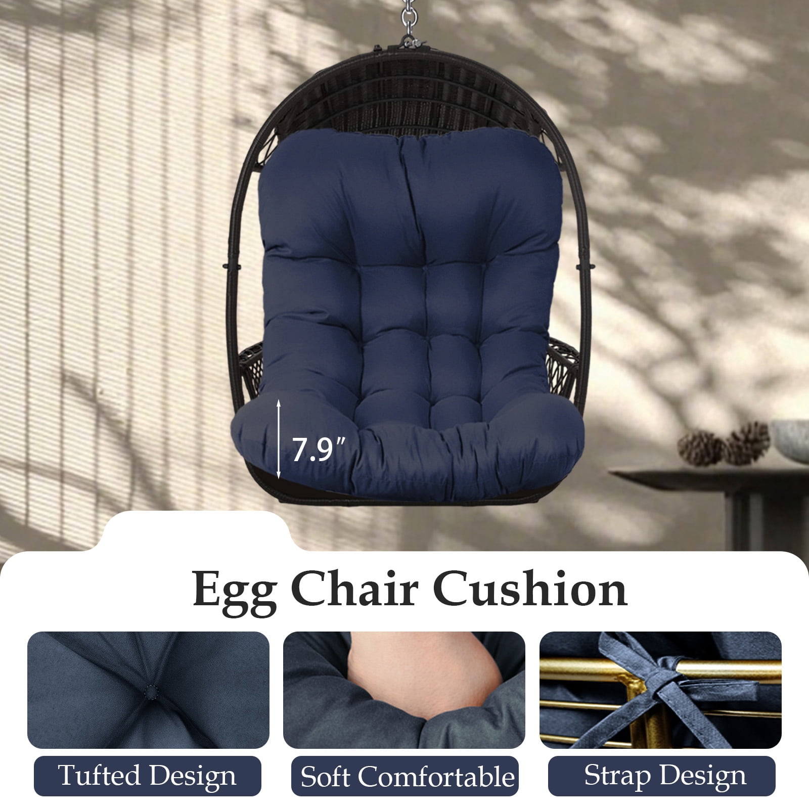 XXLYY Outdoor Egg Chair Cushion Replacement, 7.9”Thick Waterproof Hanging Chair Cushion with Ties for Patio & Porch