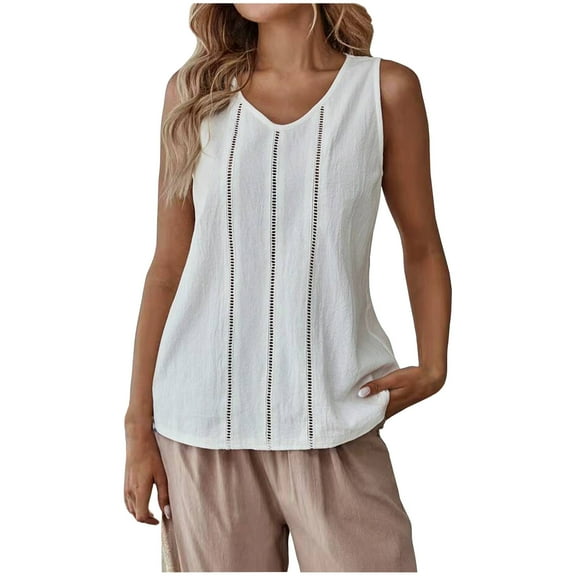 AherBiu Cotton Linen Tank Tops for Women Eyelet V Neck Sleeveless Shirt Blouse Summer Casual Lightweight Camisole Tops