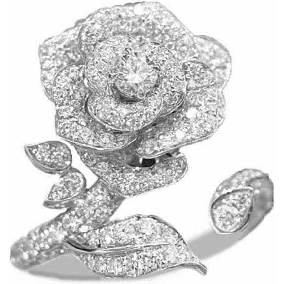 Elegant Rose Flower Engagement Ring for Women Sparkling Rhinestone CZ Crystal Open Statement Rings Promise Wedding Ring Expandable Wrap Finger Band