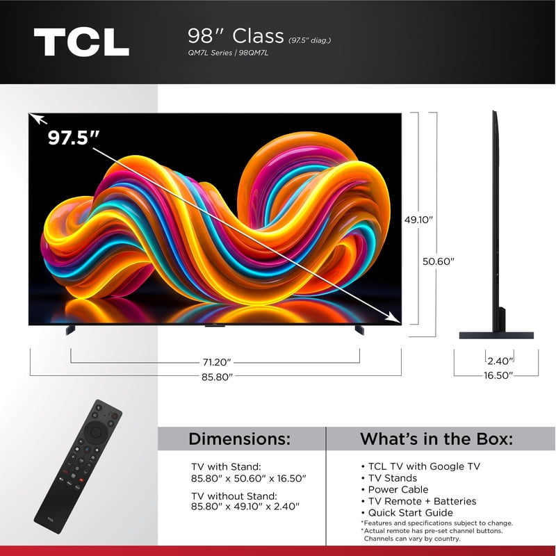 TCL 98” QM7L Series SQD-Mini LED QLED Smart Google TV (NEW 2026) - TCL Deep Color System with Super QLED, Up to LD2100 Precise Dimming Series, Up to HDR3000 Peak Nits, Bang & Olufsen Audio - 98QM7L front and back view