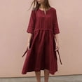 thumbnail image 2 of VSSSJ Women's Summer Loose Dresses Cotton Linen V-Neck 3/4 Sleeve Drawstring Dress Plus Size Solid Color Casual Lace-Up Midi Dress, 2 of 6