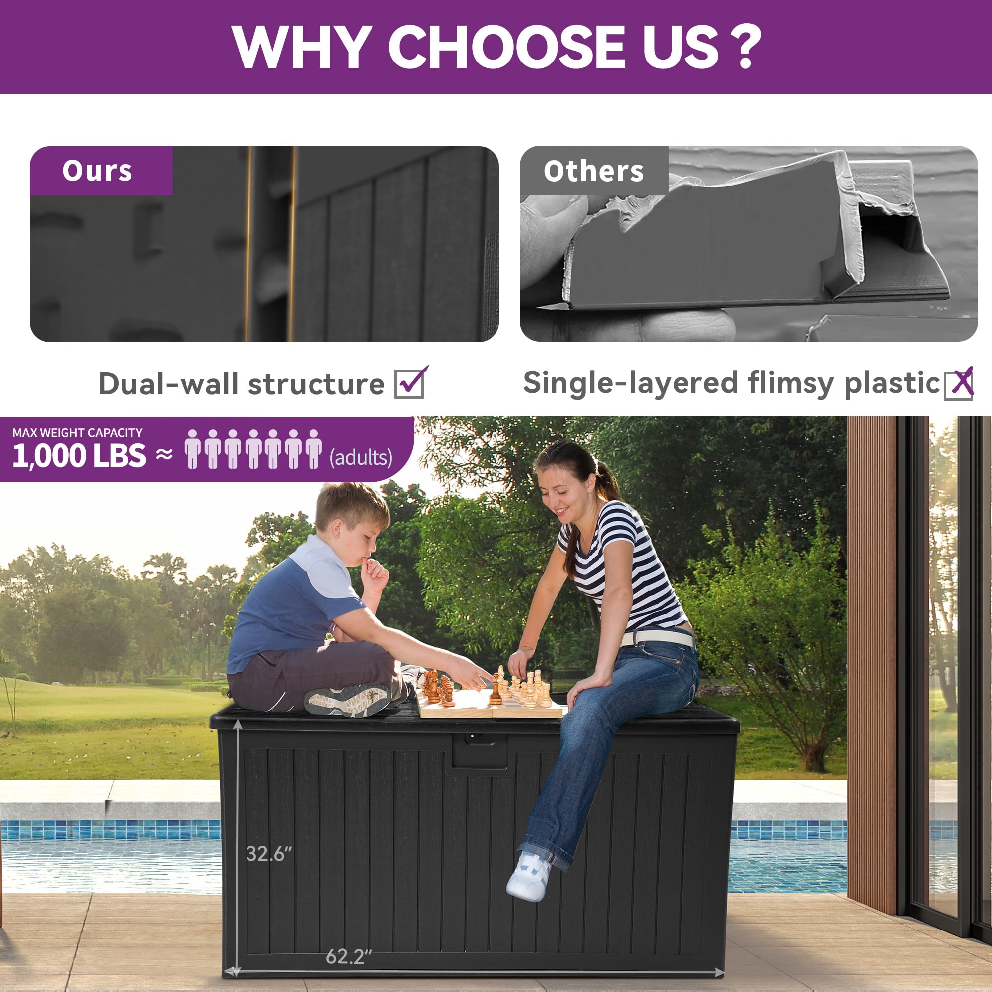 Dextrus Outdoor Patio Garden Weatherproof and UV-Resistant 230-Gallon Resin Deck Box, Black