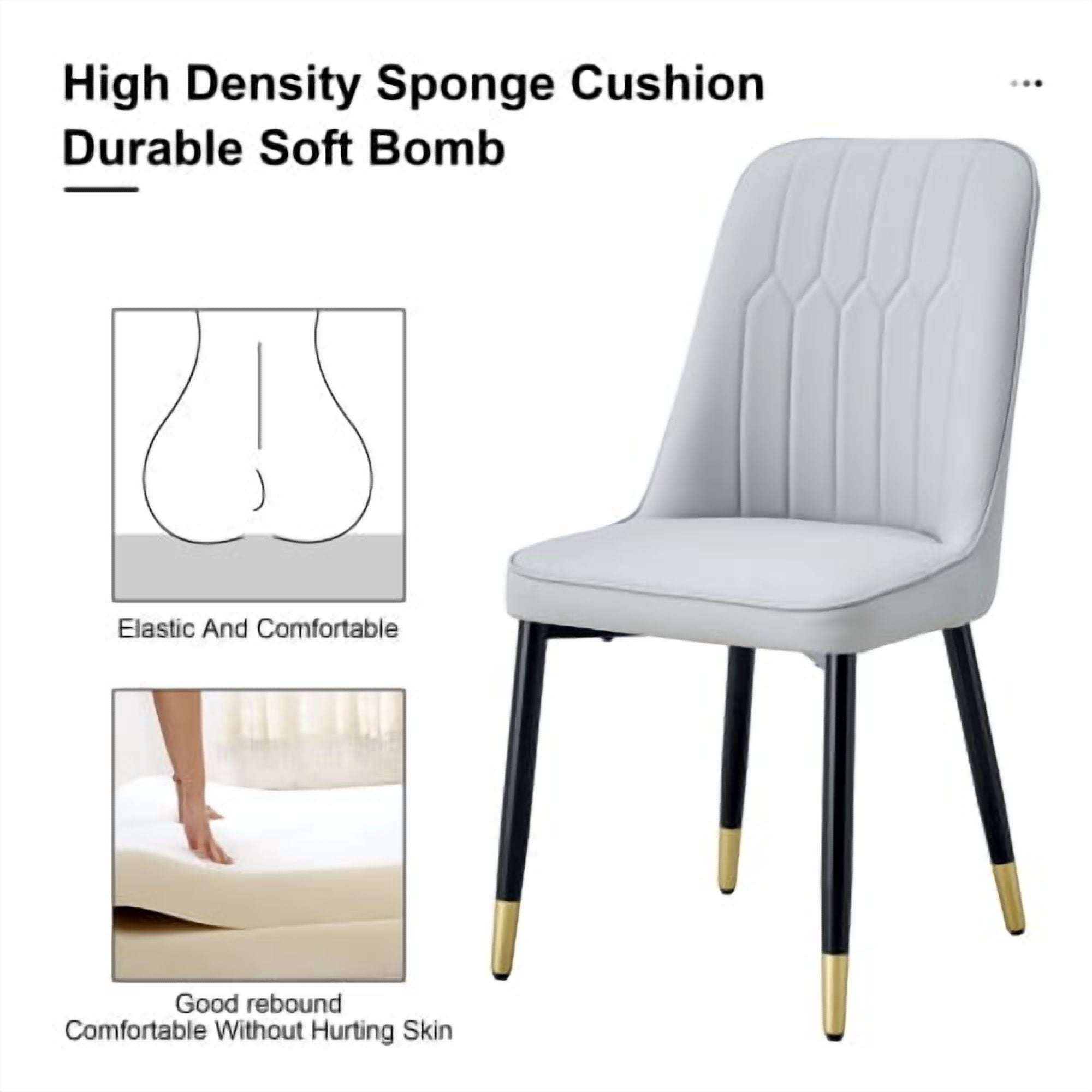 Set of 4 Dining Chairs, Modern Light Gray PU Leather Chairs with Black Metal Legs, Soft Padded Seat for Kitchen Bedroom Restaurant