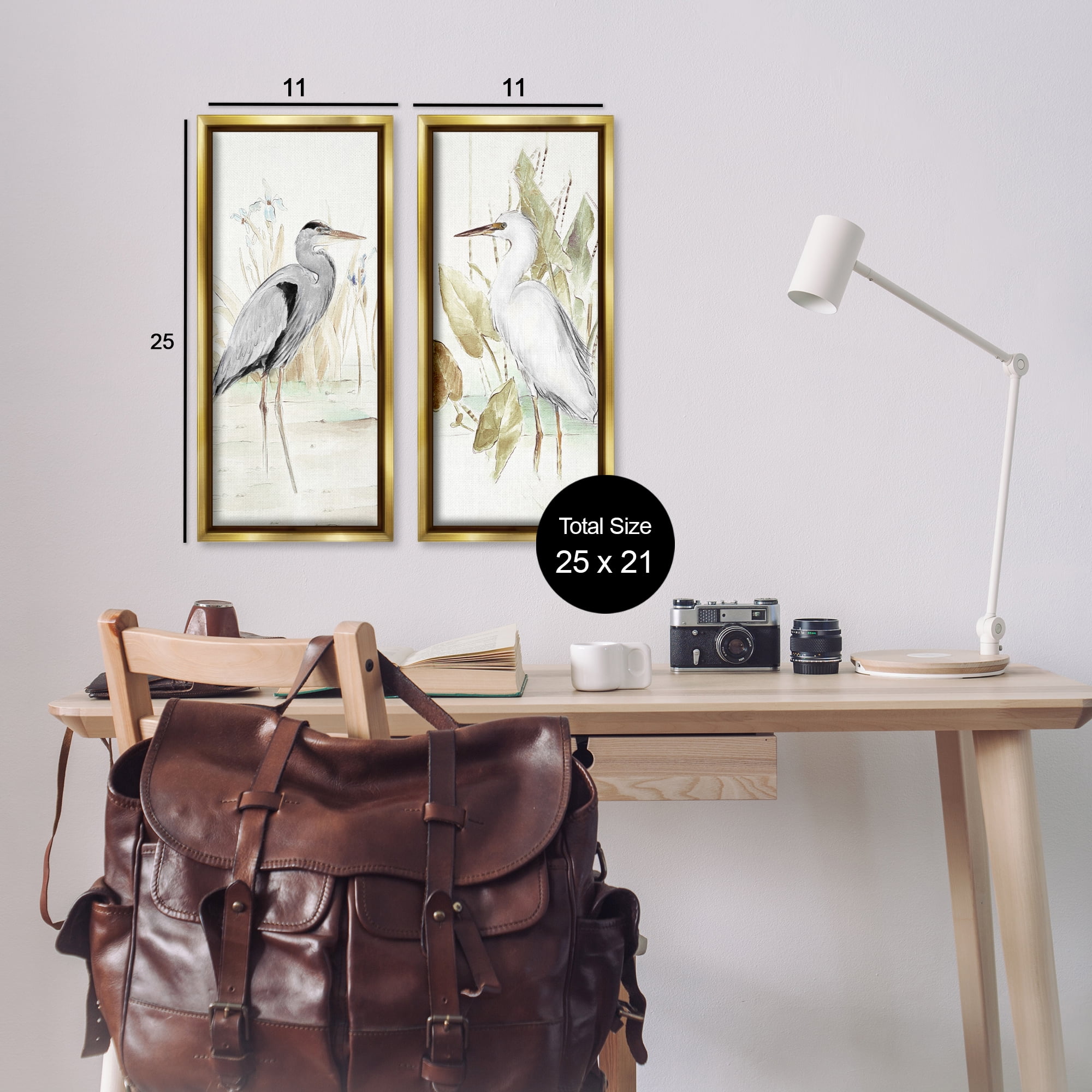 Stupell Industries Heron Egret Marsh Landscape Animals Painting Gold Floater Framed Canvas Art Print Wall Art, 11 x 25, Set of 2