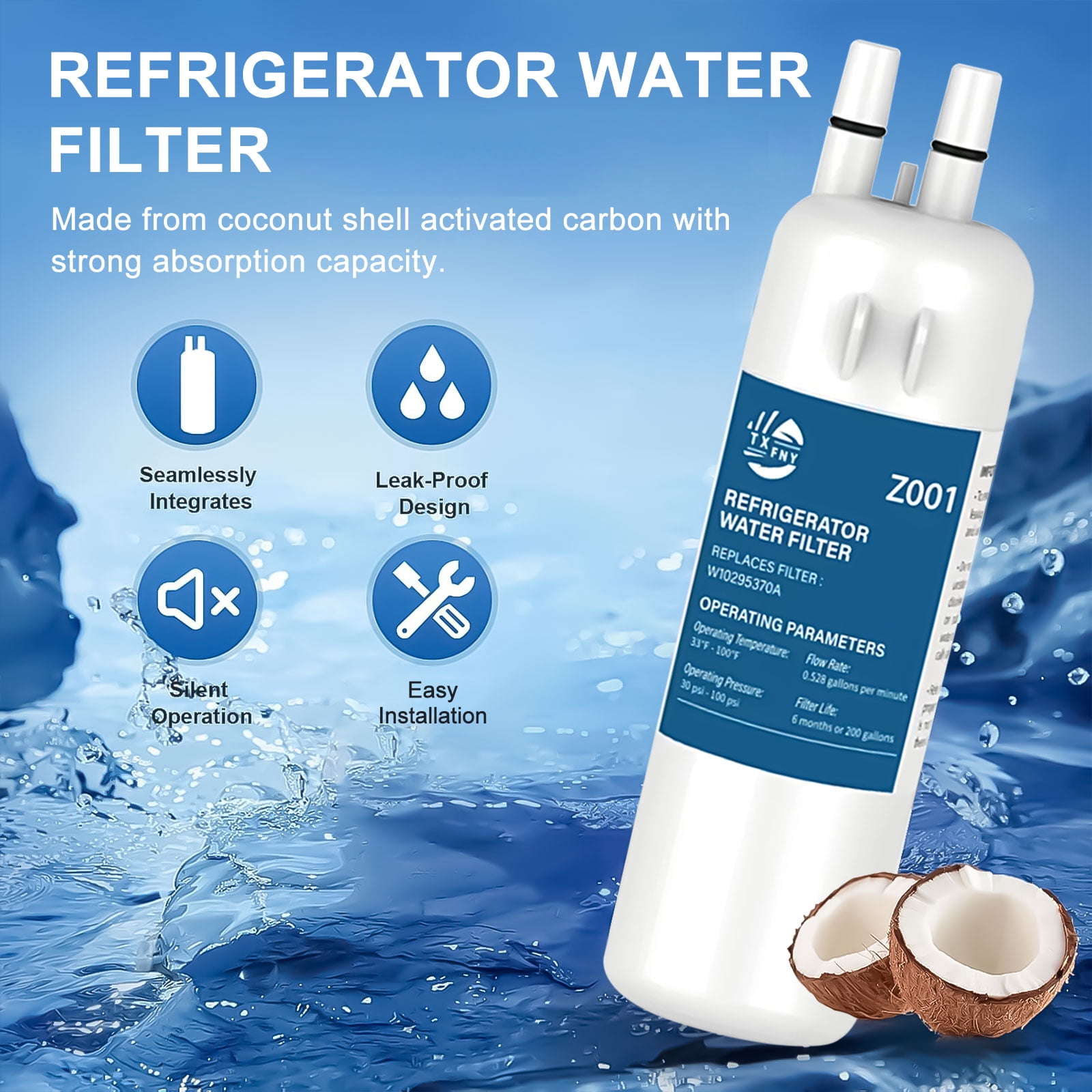 TXFNY EDR1RXD1 Refrigerator Water Filters,Compatible with Whirlpool Refrigerator Water Filter, Compatible with W10295370, EDR1RXD1, P4RFWB, Kenmore 46-9081, Kenmore 46-9930, 2 Pack