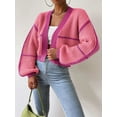 thumbnail image 4 of Women's Long Sleeve Cropped Cardigan, Contrast Color V-Neck Loose Open Front Knit Sweater Kimono Coat, 4 of 6