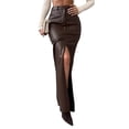 thumbnail image 2 of Women'S High Waist Front Slit Pure Color Simple Style Leather Pencil Skirt Bodycon Midaxi Dark Brown S, 2 of 8