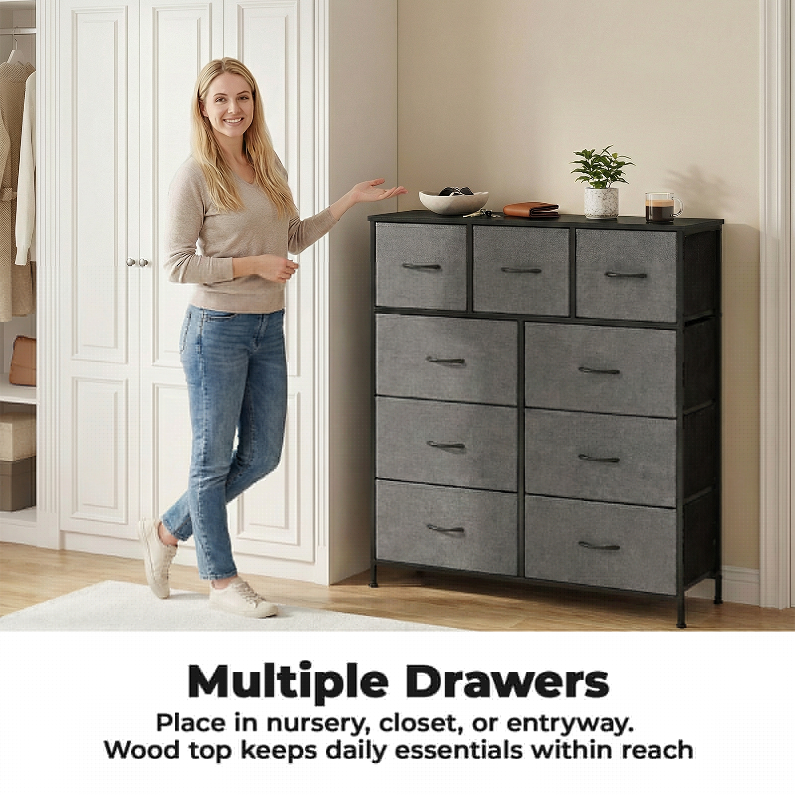 Alvantor Tall Dresser Fabric Storage Tower ,Wooden Top for Kid Room, Closet, Entryway, Nursery