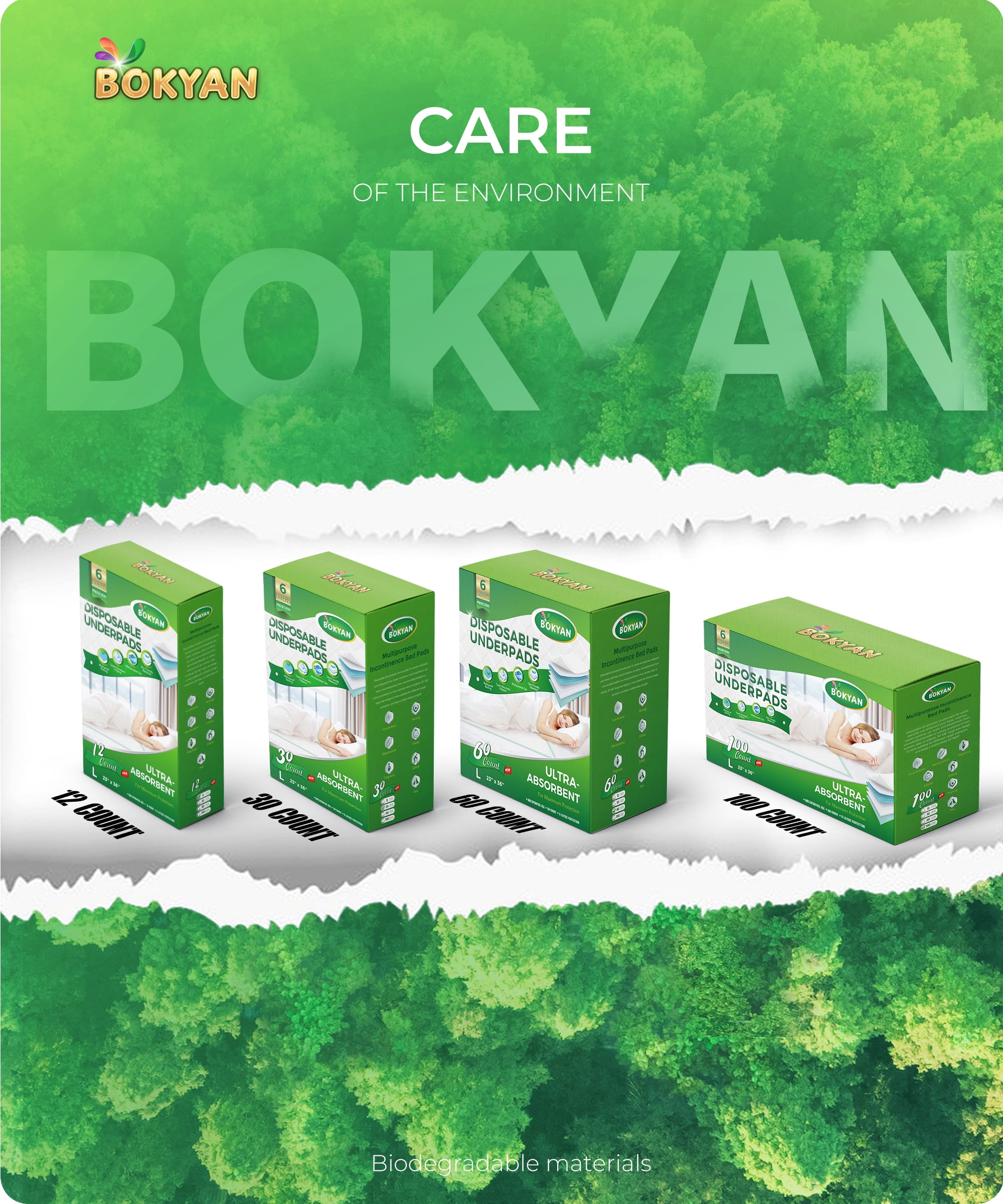 BOKYAN Disposable Underpads, 23 x 36 Disposable Incontinence Bed Pads for Adults, Puppy Pads, 60 Count