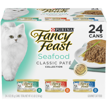 (24 Pack) Fancy Feast Grain Free Pate Wet Cat Food Variety Pack, Seafood Classic Pate Collection, 3 oz. Cans