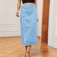 thumbnail image 6 of Women'S Casual High Waist Denim Mid Skirt Slit Button Up Jean Skirts with Pockets Light Blue M, 6 of 7