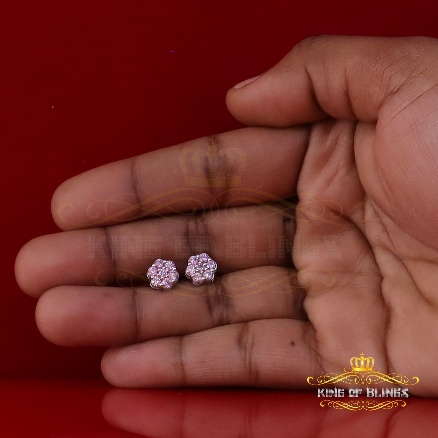King of Bling's 925 Silver White 1.00ct VVS 'D' Pink Moissanite Floral Mens/Womens Stud Earrings