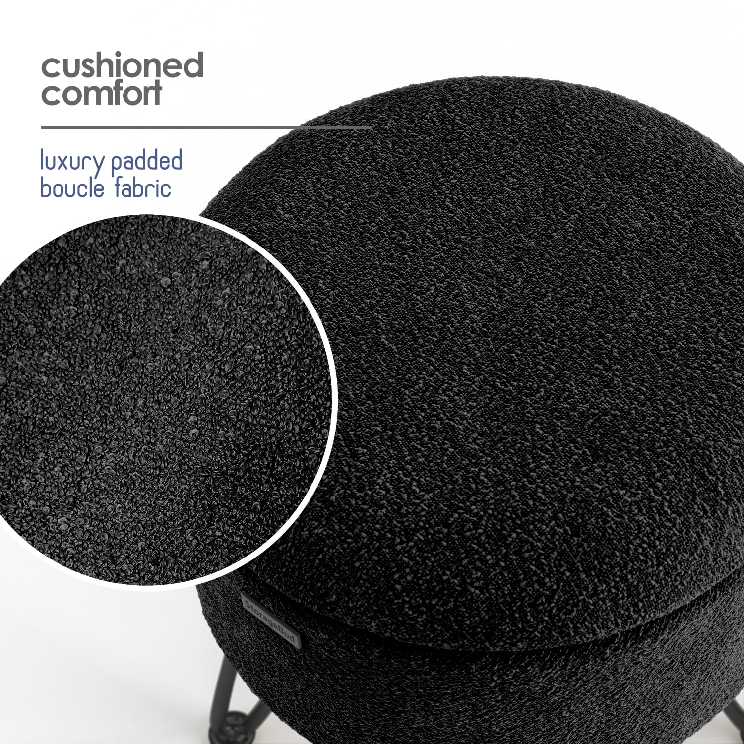 Hearth & Harbor Round Ottoman with Storage, Luxurious Foot Stool and Chic Vanity Stool with Storage, Elegant Boucle Black