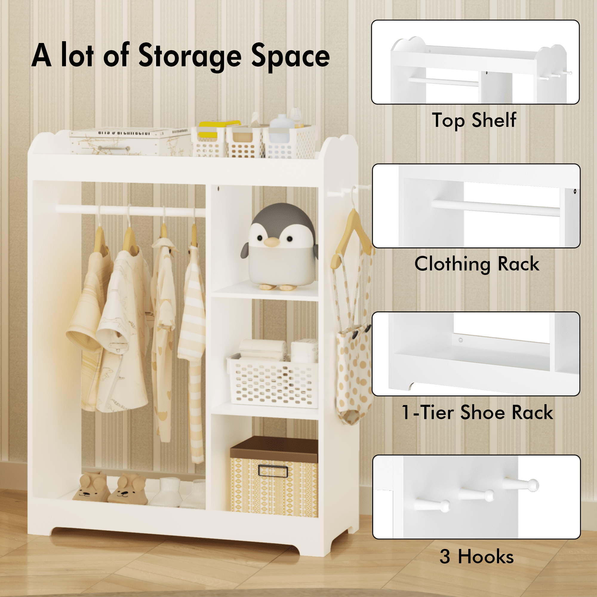 Kids Furniture Kids Dress Up Storage with Mirror and Hooks, Wooden Dress Up Clothes Rack with Hanging Rod, 3 Side Hooks, Storage Shelves and Top Shelf, Toddler Costume Organizer for Playroom Bedroom