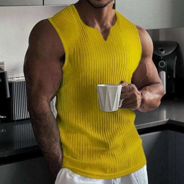 Ceisia Men's Slim-Fit V-Neck Ribbed Knit Sleeveless Tank Top Yellow S Gifts