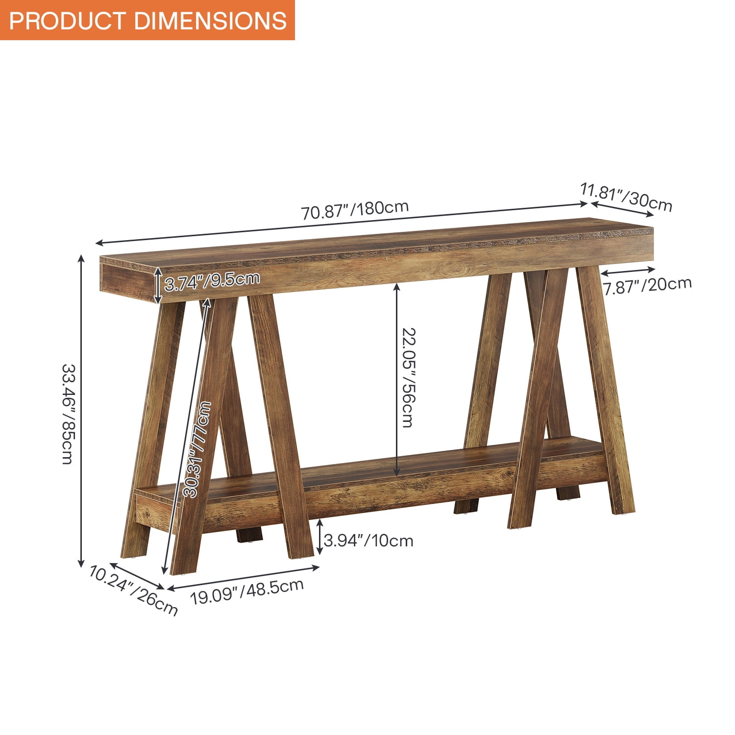 Demi Bonn 70" Rustic Wooden Console Table, Entryway Sofa Table, 2-Tier Hallway Shelf for Home Decor, Living Room, Brown