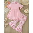 thumbnail image 3 of Bagilaanoe 3pcs Toddler Baby Girl Pants Set Ruffles Short Sleeve A-Line Dress Tops + Flare Trousers + Neckerchief 1T 2T 3T 4T 5T 6T Kids Casual Clothes, 3 of 7
