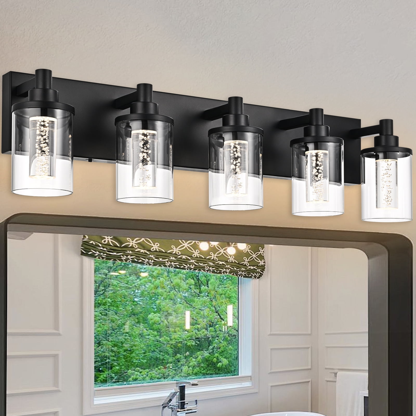 Melucee 5CCT Dimmable LED Black Vanity Lights 5-light, Modern Vanity Lighting Fixtures with Crystal Light Columns and Clear Glass for Bathroom Bedroom