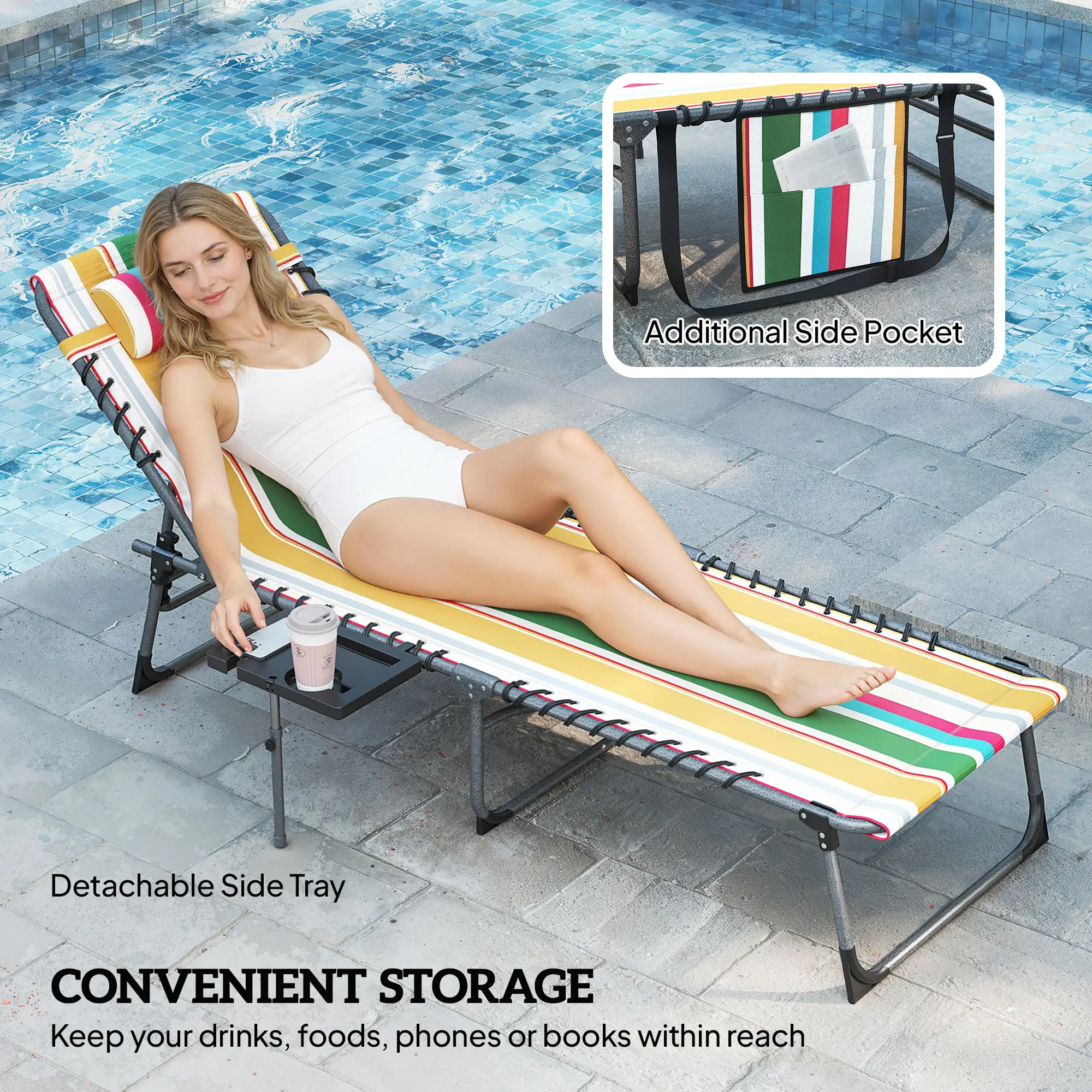 Outdoor Folding Sun Lounger 5-Position Adjustable Recliner with Padded Head Pillow Side Pocket & Tray Table 600D Oxford Fabric Heavy-Duty Pool Beach Chair