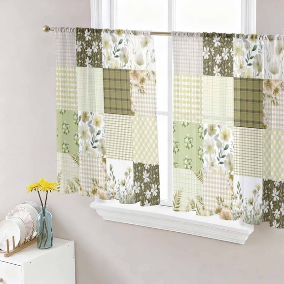 Spring Floral Sheer Curtains 54 Inch Length 2 Panels Set, Yellow Flowers Botanical Patchwork Grid Bohemia Voile Window Treatment Rod Pocket Short Kitchen Curtains Drapes for Bedroom 52"x54"x2