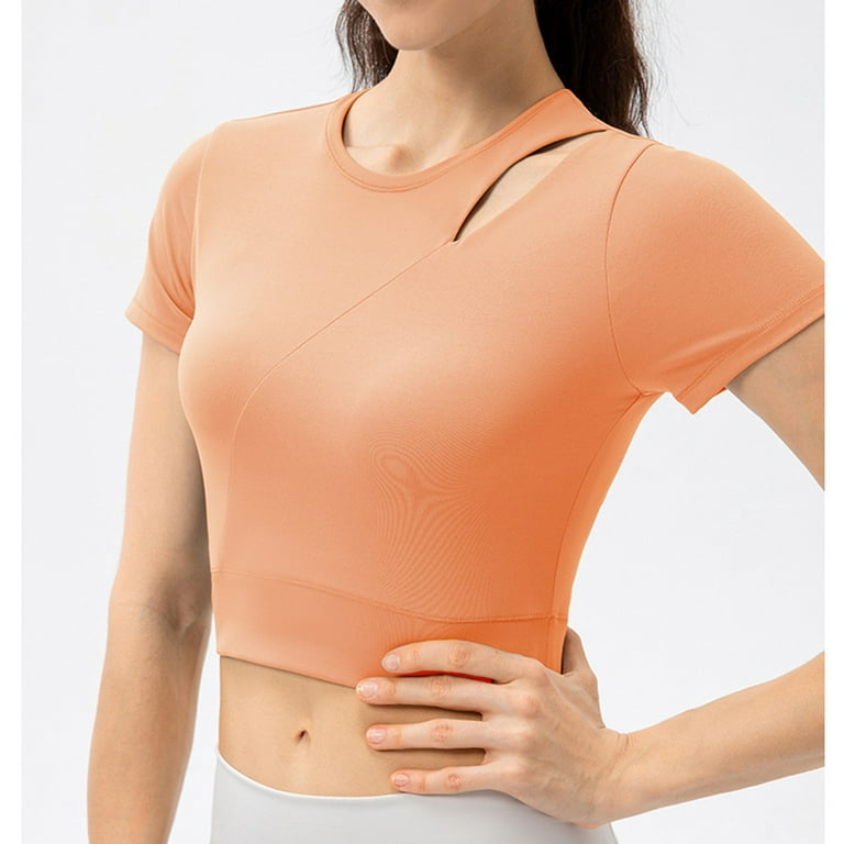 RYRJJ Womens Cropped Workout Tops Short Sleeve Cutout Quick Dry Yoga Tees  Shirts Athletic Gym Slim Crop Top(Orange,L)