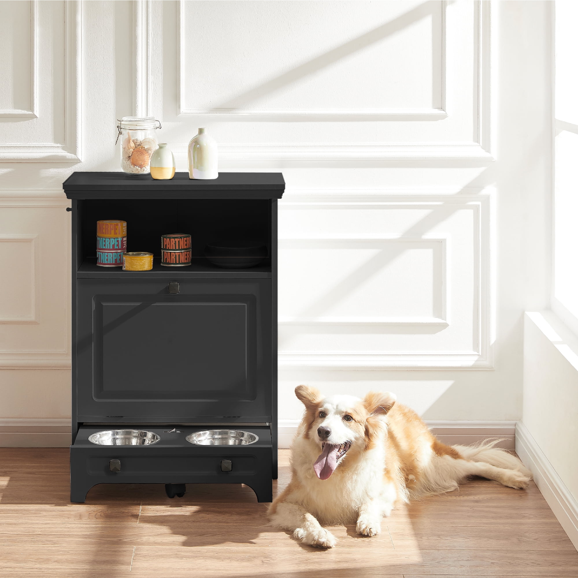 Roomfitters Large Dog Feeder with Storage Cabinet 2 Elevated Bowls Dog Proof Design Dark Gray Walmart