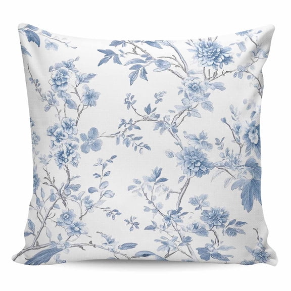 Throw Pillow Covers 24x24 Inch, Blue White Spring Floral Decorative Pillow Cases for Couch Sofa Bed, Summer Botanical Birds Cotton Linen Square Home Decor Pillowcases with Hidden Zipper