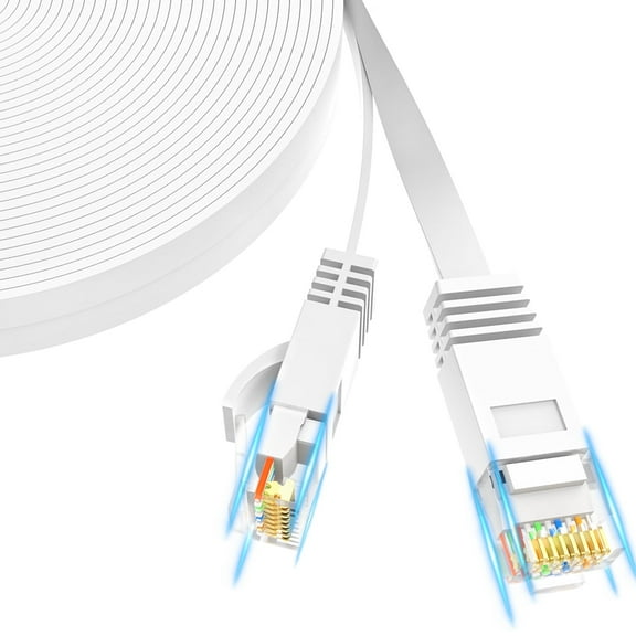 J&D High Speed Cat6 Ethernet Cable, 100ft, 250Mhz 1Gbps, Slim Long Flat Design, White