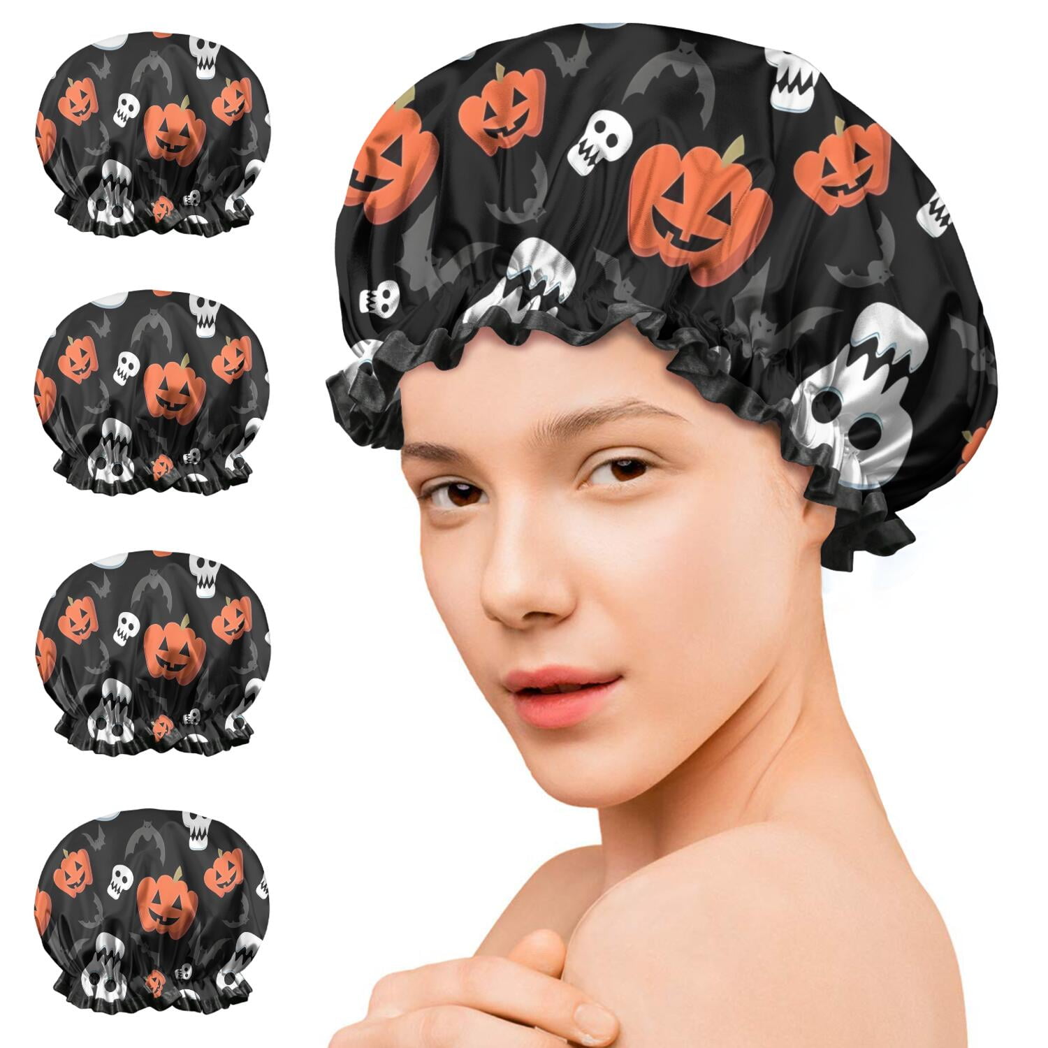 Shower Caps,Black Halloween Pumpkin Faces Waterproof Shower Cap for Women 4 Pieces,Double Reusable Hair Cover for Shower PEVA Elastic Stretch Hem