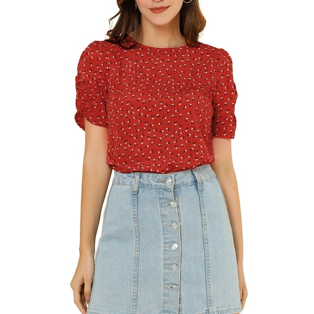 INSPIRE CHIC Women's Shirred Tops Crew Neck Short Sleeve Keyhole Back Floral Blouse S Red