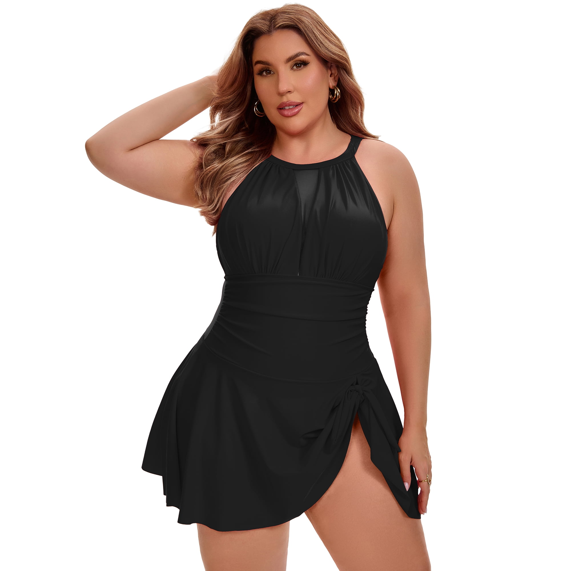 DARING DIVA Women's Plus 1 Piece Halter Mesh Sheer Tie Swimwear L Black
