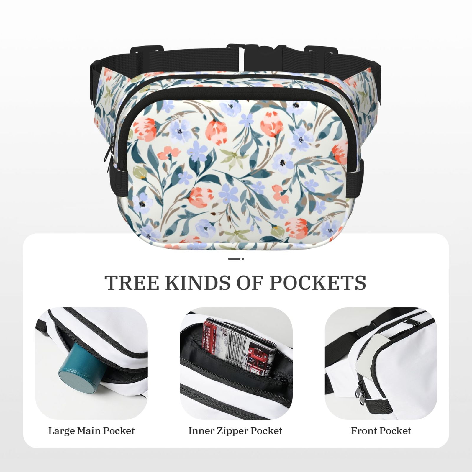 Picia Watercolor Wildflowers 1 Print Square Double-Layer Waist Bag Mini Adjustable Waist Belt Bag Exercise Running Travel Hiking
