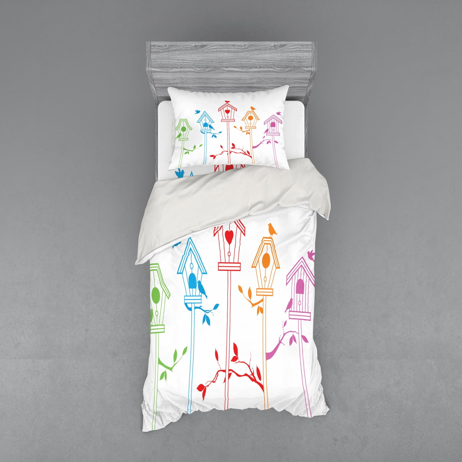 Birds Duvet Cover Set, Colorful Bird Houses Nest with Flying Birds on