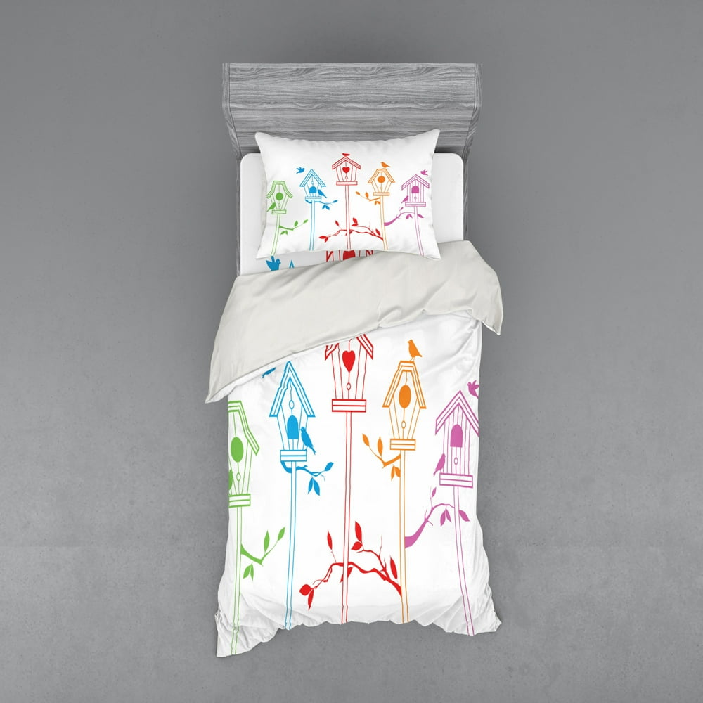 Birds Duvet Cover Set, Colorful Bird Houses Nest with Flying Birds on