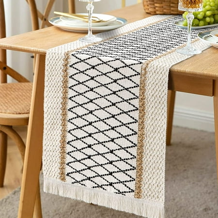 

Table Runner Cream Beige Boho Table Runner with Tassels Hand Woven Cotton and Burlap Splicing Table Runner Rustic Farmhouse Table Runner for Bohemian Kitchen Dining Table