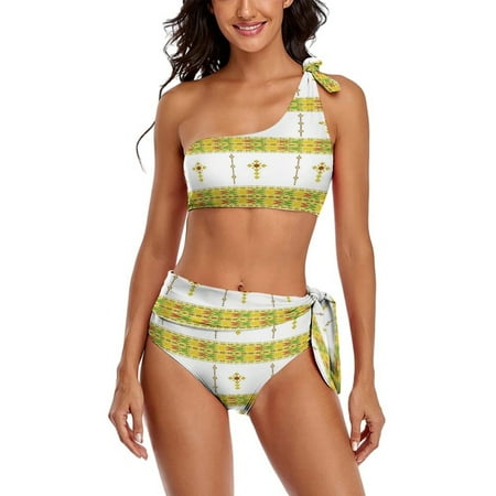 Ethiopian Habesha Tibeb Telet One Shoulder Bowknot Swimsuit Two Piece Swimsuit Knot Crop Top Bikini High Waisted Bathing Suit