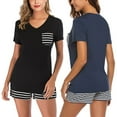 thumbnail image 4 of Women's Pajama Short Sleeve Sleepwear Soft Pj Set,Ladies Two Piece Nightwear Soft Lounge Sets V Neck Casual Nightshirt with Pocket+Soft Pajamas Shorts,Loose Sleepwear Nightwear,S-2XL Black, 4 of 7