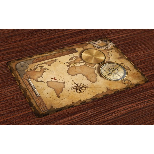 Map Placemats Set of 4 Aged Vintage Treasure Map Ruler Rope Old Compass