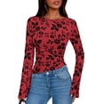 thumbnail image 5 of Women Long Sleeve Floral Mesh Tops Blouse Trendy Boat Neck Ruched Fitted Shirt Going Out Outfits Red M, 5 of 10