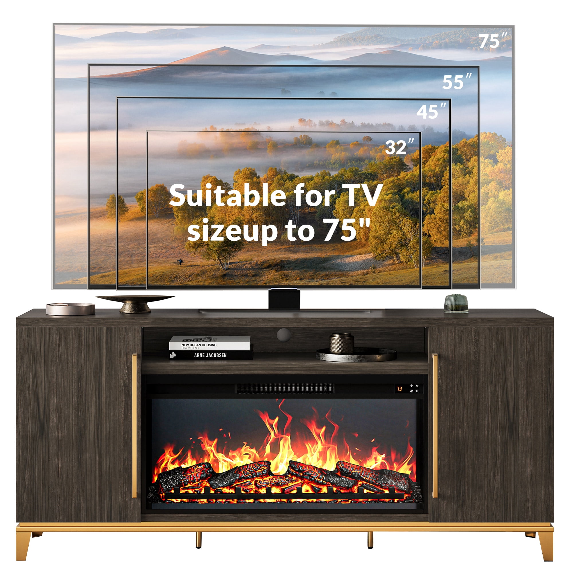 BELLEZE Fireplace TV Stand with 36" Electric Fireplace, Entertainment Center for TVs Up to 75", TV Console with Storage Cabinet and Open Shelf for Living Room, Bedroom - London (Dark Walnut)