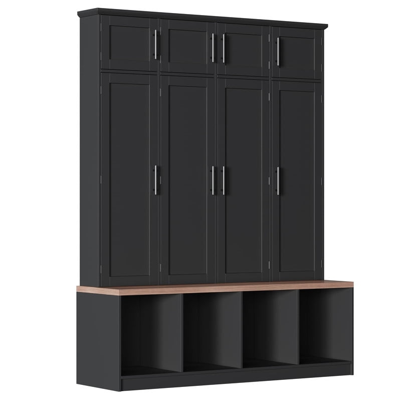 Farmhouse Hall Tree with 4 Hidden Hanging Hooks, Versatile Seating Bench with Open Compartment, Entryway Coat Rack with 8 Doors for Living Room