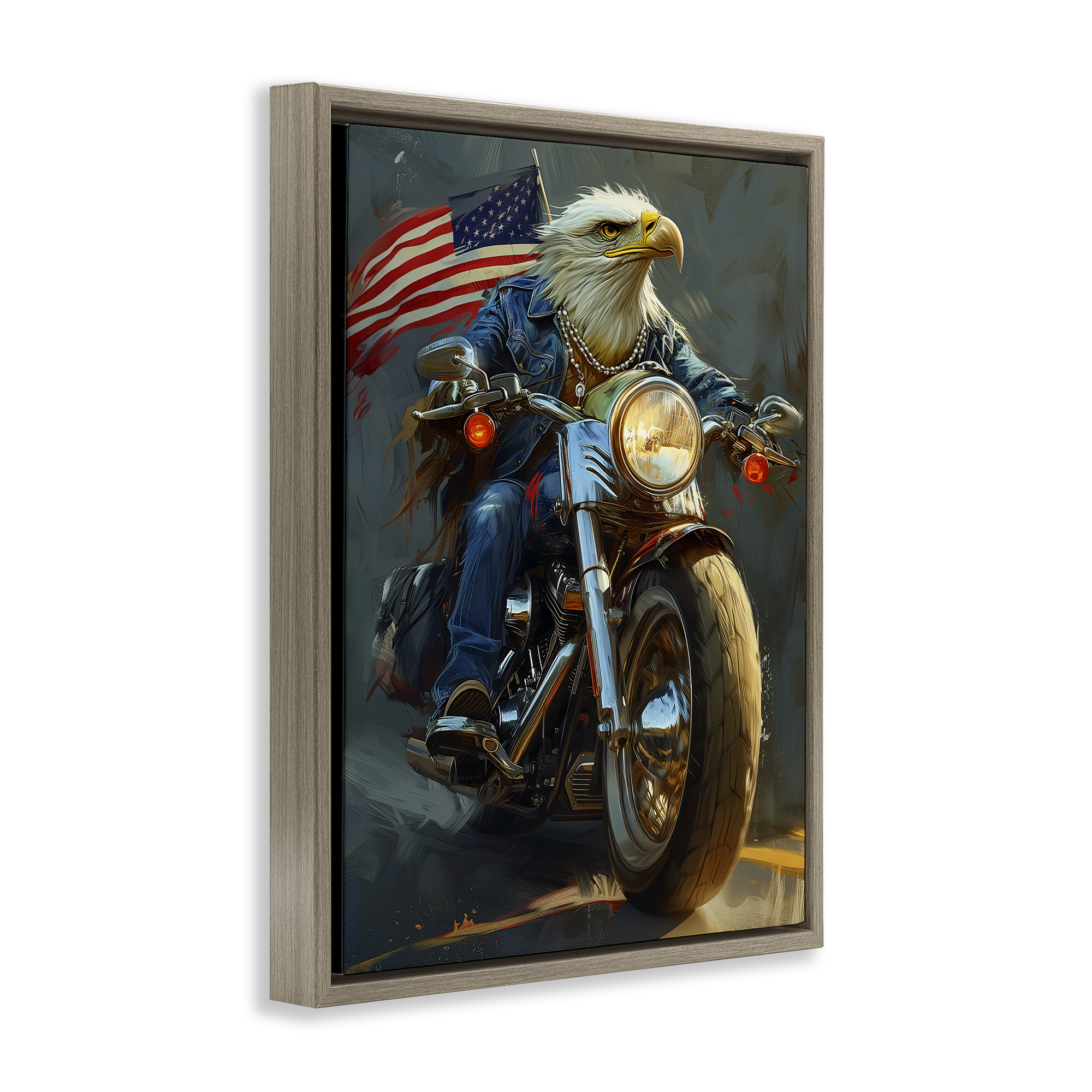 Stupell Industries Patriotic Eagle Motorcycle Transportation Painting Brown Floater Framed Canvas Art Print Wall Art, 17 x 21