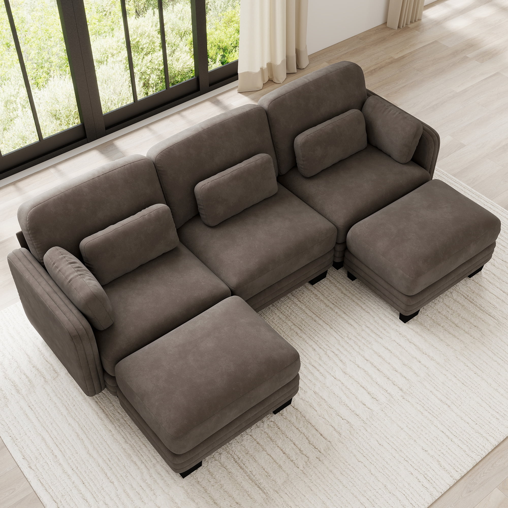 100" U-shaped Tufted Modern Modular Sectional 3 Seater Sofa Couch with 2 Ottomans and 5 Pillows