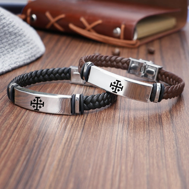 Religious Medieval Jewelry Braided Wrap Leather Jerusalem Crusaders Cross Bracelet for Men Women Greek Crossbars Faith Symbol Personalized Engraved
