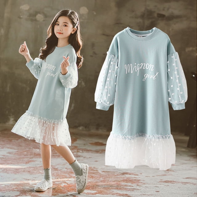 Vestido de primavera y otoño para niñas, suéter elegante para niñas pequeñas, vestido de princesa de manga larga con hilo para niñas pequeñas