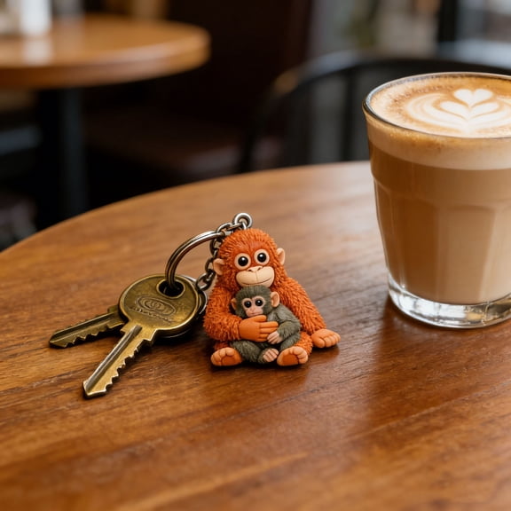 3D Cute Punch Monkey Keychain, Orangutan Mom Baby Monkey Backpack Keychain, Kawaii Key Chain Wristlet Car Charms