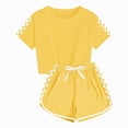 thumbnail image 2 of Xudanell Girls Gymnastics Outfit Contrasting Plaid Print Kids Summer Sport Outfits Short Sleeve Crop Top Shorts with Drawstring Tracksuit Yellow 11-12 Years, 2 of 6