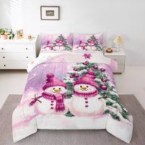 Manfei Kawaii Pink Snowman Full Size Comforter Sets for Kids, Merry Christmas Bedding Comforter Set, Cartoon Dots Xmas Tree Reversible Bedding Sets, Super Cozy Room Decor, 3-Piece